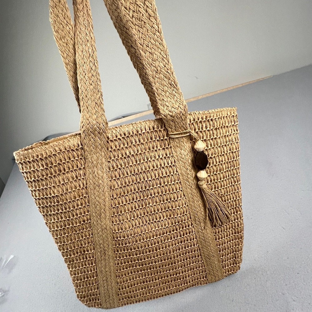 Woven Straw Tote Bag Womens Large Tan Tassel Beach Boho Shoulder Bag
